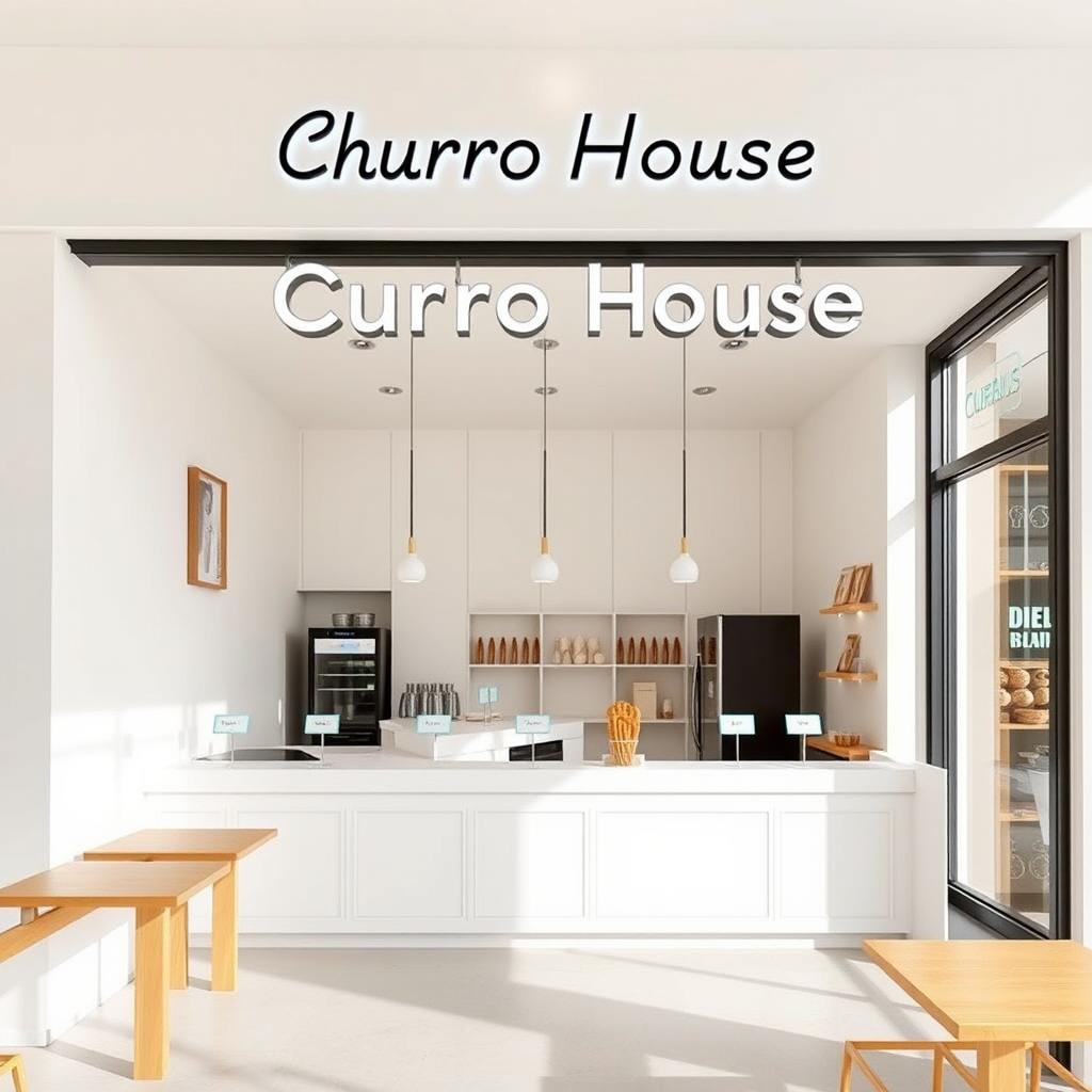 A minimalistic churro shop named 'Churro House', featuring a sleek and contemporary design