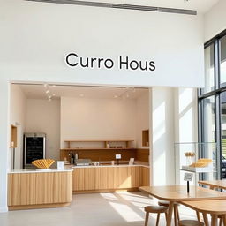 A minimalistic churro shop named 'Churro House', featuring a sleek and contemporary design