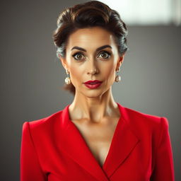 A beautiful 45-year-old woman, elegantly dressed in a striking red outfit, stands directly facing the camera