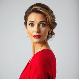 A beautiful 45-year-old woman, elegantly dressed in a striking red outfit, stands directly facing the camera