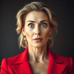 A beautiful 45-year-old woman, elegantly dressed in a striking red outfit, stands directly facing the camera