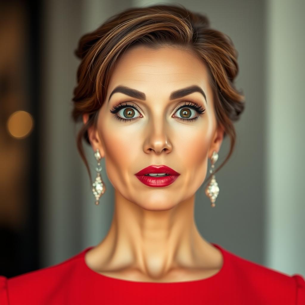 A beautiful 45-year-old woman, elegantly dressed in a striking red outfit, stands directly facing the camera