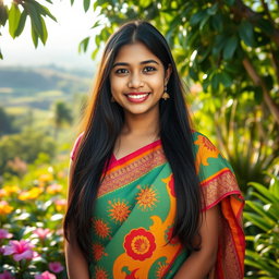 A portrait of a young Sri Lankan woman, with long dark hair cascading over her shoulders, dressed in a vibrant traditional saree adorned with intricate patterns and bright colors, standing in a lush tropical garden filled with blooming flowers and greenery