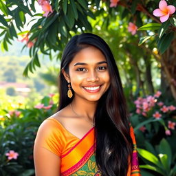 A portrait of a young Sri Lankan woman, with long dark hair cascading over her shoulders, dressed in a vibrant traditional saree adorned with intricate patterns and bright colors, standing in a lush tropical garden filled with blooming flowers and greenery