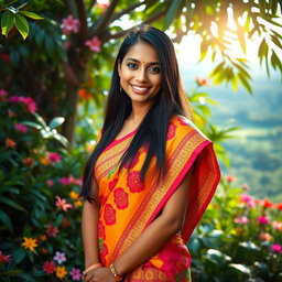 A portrait of a young Sri Lankan woman, with long dark hair cascading over her shoulders, dressed in a vibrant traditional saree adorned with intricate patterns and bright colors, standing in a lush tropical garden filled with blooming flowers and greenery