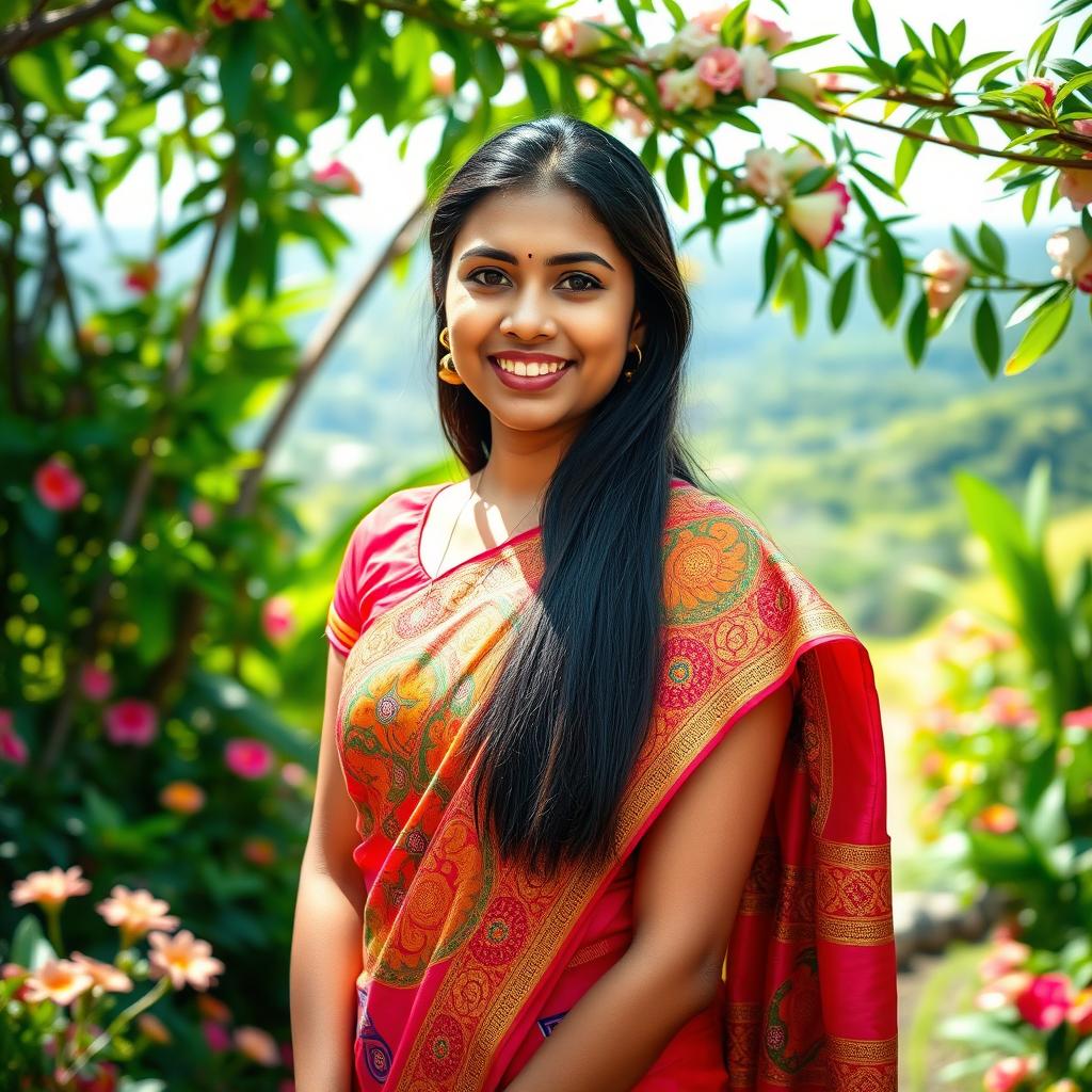 A portrait of a young Sri Lankan woman, with long dark hair cascading over her shoulders, dressed in a vibrant traditional saree adorned with intricate patterns and bright colors, standing in a lush tropical garden filled with blooming flowers and greenery