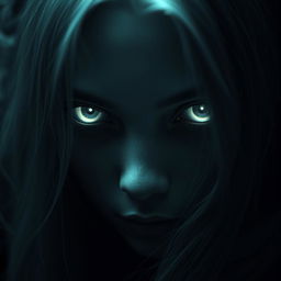 A close-up image of a mysterious figure with striking ghostly eyes, exuding an ethereal glow