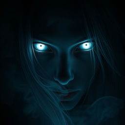 A close-up image of a mysterious figure with striking ghostly eyes, exuding an ethereal glow