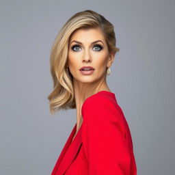 A gorgeous 45-year-old woman, stylishly dressed in a striking red outfit, stands facing the camera with a surprised expression