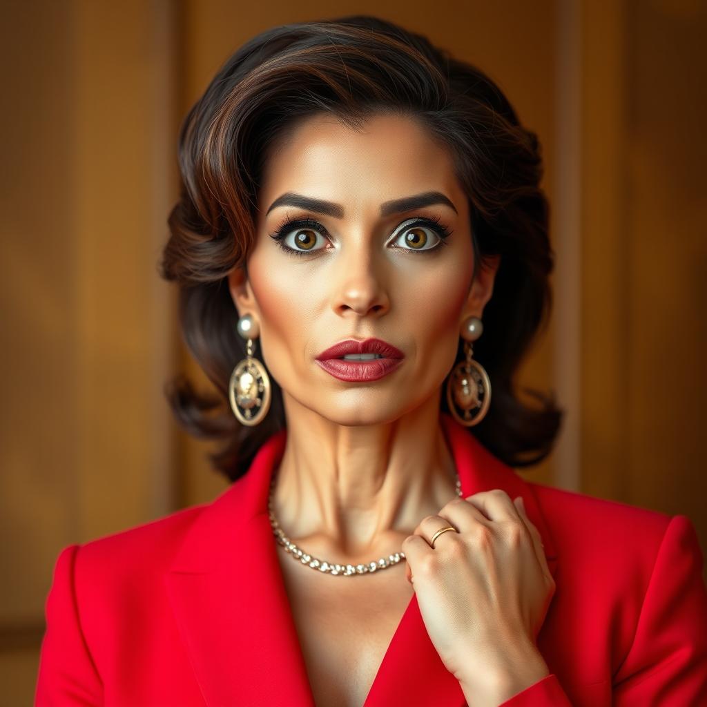A gorgeous 45-year-old woman, stylishly dressed in a striking red outfit, stands facing the camera with a surprised expression