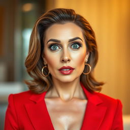 A gorgeous 45-year-old woman, stylishly dressed in a striking red outfit, stands facing the camera with a surprised expression