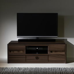 A sleek, modern TV unit with ample storage space, finished in a rich dark wood. The unit is well-lit, highlighting the detailing.