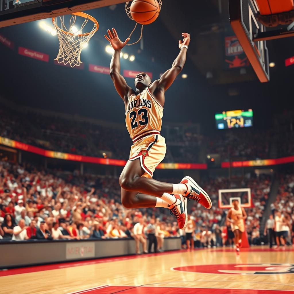 A dynamic action shot of a basketball player resembling Michael Jordan, soaring through the air for a slam dunk