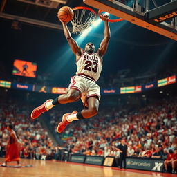 A dynamic action shot of a basketball player resembling Michael Jordan, soaring through the air for a slam dunk