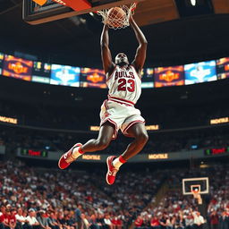 A dynamic action shot of a basketball player resembling Michael Jordan, soaring through the air for a slam dunk