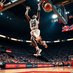 A dynamic action shot of a basketball player resembling Michael Jordan, soaring through the air for a slam dunk
