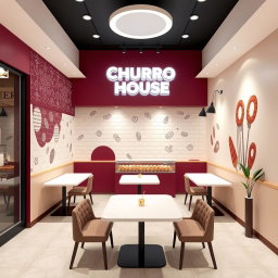 A modern small churros shop design featuring colors such as deep burgundy (vinotinto), white, and light beige