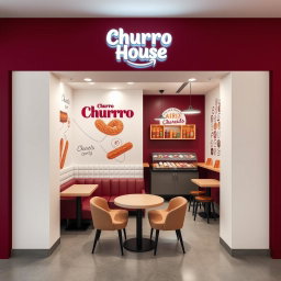 A modern small churros shop design featuring colors such as deep burgundy (vinotinto), white, and light beige