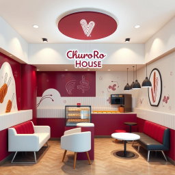 A modern small churros shop design featuring colors such as deep burgundy (vinotinto), white, and light beige