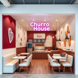 A modern small churros shop design featuring colors such as deep burgundy (vinotinto), white, and light beige