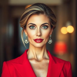 A stunning 45-year-old woman, elegantly dressed in a vibrant red outfit, stands directly in front of the camera