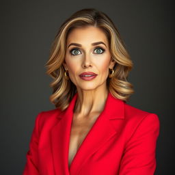 A stunning 45-year-old woman, elegantly dressed in a vibrant red outfit, stands directly in front of the camera