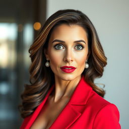 A stunning 45-year-old woman, elegantly dressed in a vibrant red outfit, stands directly in front of the camera