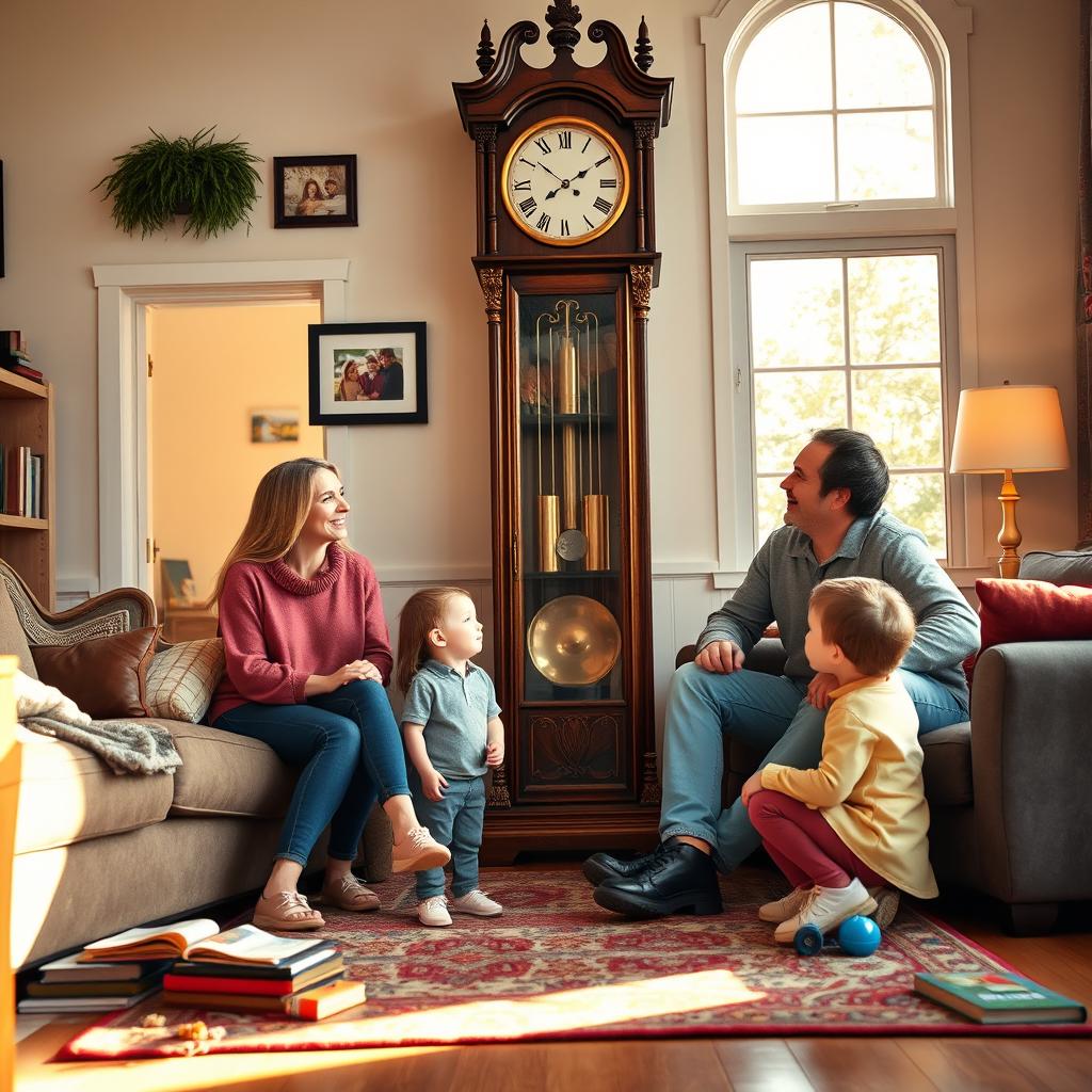 A warm family scene featuring four members of a family – a mother, father, and two children – gathered around a large, ornate grandfather clock in a cozy living room