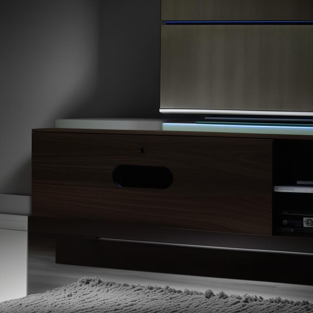 A sleek, modern TV unit with ample storage space, finished in a rich dark wood. The unit is well-lit, highlighting the detailing.