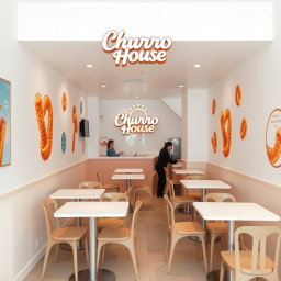 A small modern churros shop designed with a vinotinto, white, and light beige color scheme