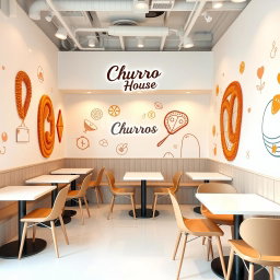 A small modern churros shop designed with a vinotinto, white, and light beige color scheme