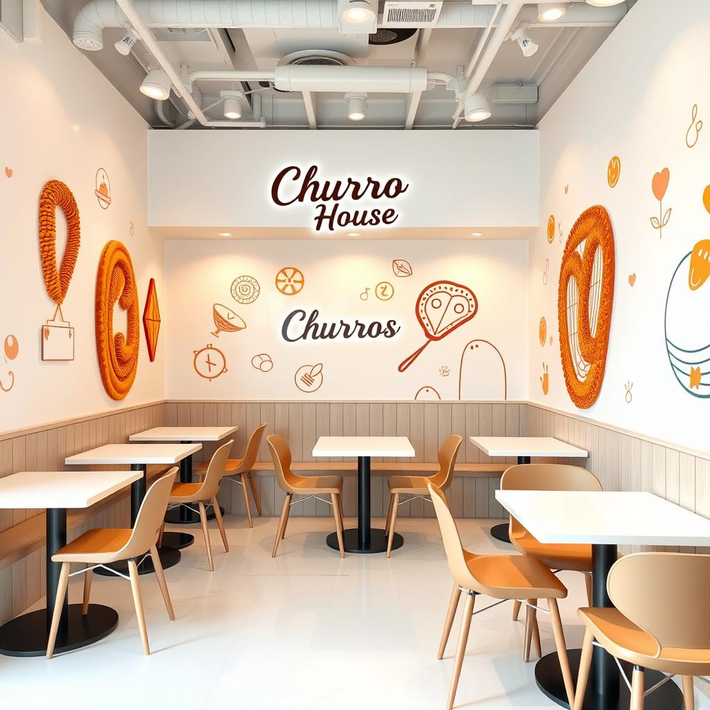 A small modern churros shop designed with a vinotinto, white, and light beige color scheme