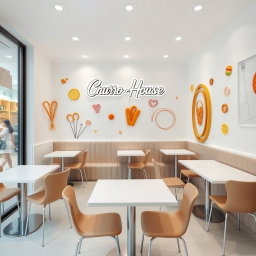 A small modern churros shop designed with a vinotinto, white, and light beige color scheme