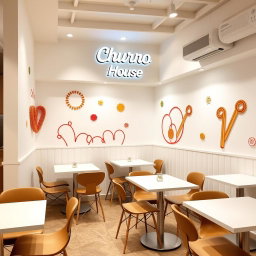 A small modern churros shop designed with a vinotinto, white, and light beige color scheme