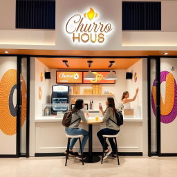 A small modern churros shop designed with a vinotinto, white, and light beige color scheme