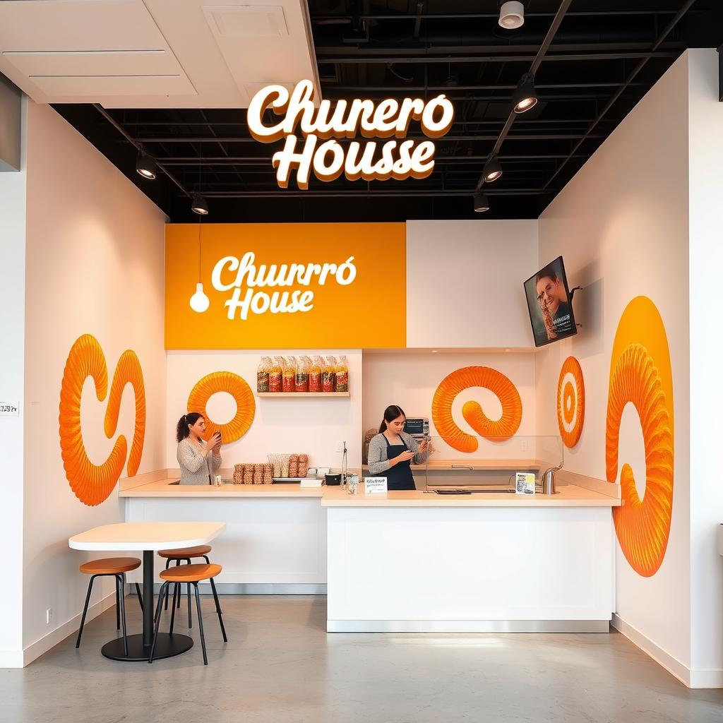 A small modern churros shop designed with a vinotinto, white, and light beige color scheme