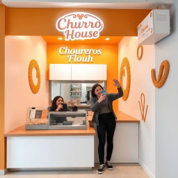 A small modern churros shop designed with a vinotinto, white, and light beige color scheme