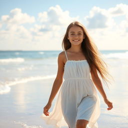 A beautiful girl walking along a sun-kissed beach, her long hair gently flowing in the breeze