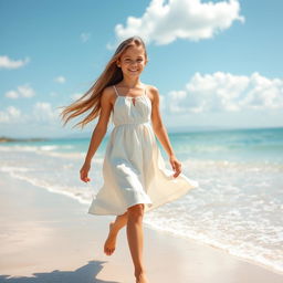 A beautiful girl walking along a sun-kissed beach, her long hair gently flowing in the breeze