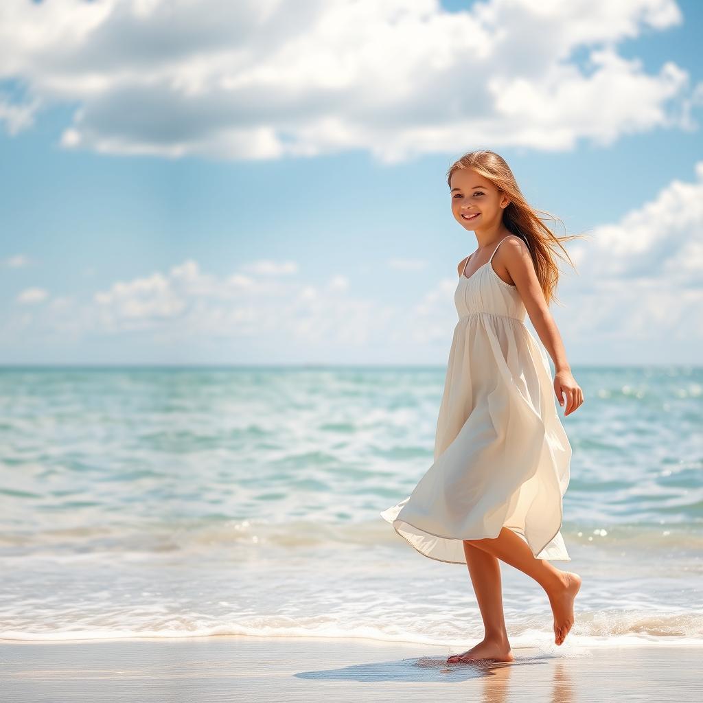 A beautiful girl walking along a sun-kissed beach, her long hair gently flowing in the breeze