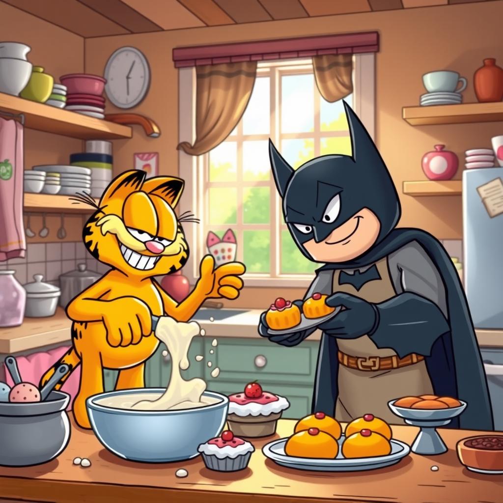 A whimsical scene featuring Garfield and Batman joyfully baking sweets in a cozy kitchen