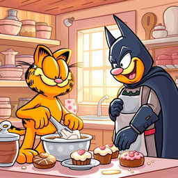 A whimsical scene featuring Garfield and Batman joyfully baking sweets in a cozy kitchen