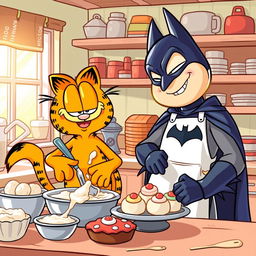 A whimsical scene featuring Garfield and Batman joyfully baking sweets in a cozy kitchen
