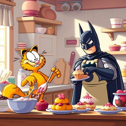 A whimsical scene featuring Garfield and Batman joyfully baking sweets in a cozy kitchen