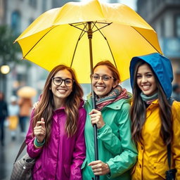 Three beautiful girls happily walking in the rain, sharing a bright yellow umbrella
