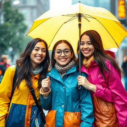Three beautiful girls happily walking in the rain, sharing a bright yellow umbrella