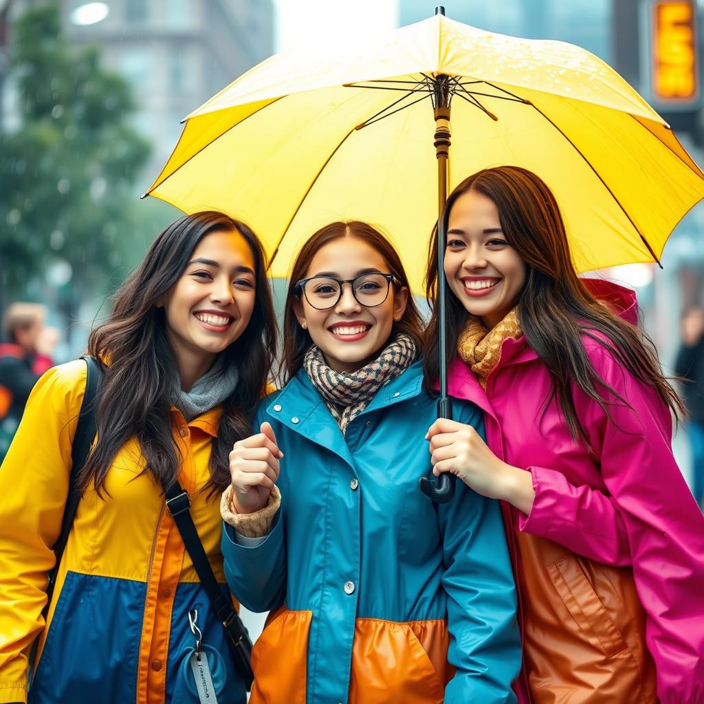 Three beautiful girls happily walking in the rain, sharing a bright yellow umbrella