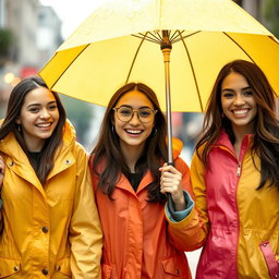 Three beautiful girls happily walking in the rain, sharing a bright yellow umbrella