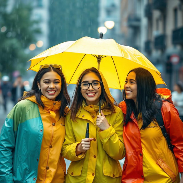 Three beautiful girls happily walking in the rain, sharing a bright yellow umbrella