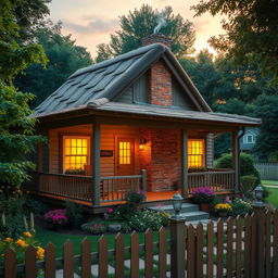 A beautiful, cozy house surrounded by lush greenery, featuring a wooden porch with rocking chairs, warm inviting lights glowing from the windows, and a well-tended garden with colorful flowers